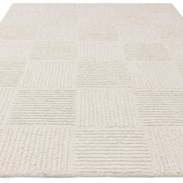 Zennith Modern Plain Subtle Geometric Grid Hand-Woven Hi-Lo Textured Boucle Low Profile Wool Loop Pile Cream Rug-Asiatic Carpets-Rug Love - The Most Loved Rug Store